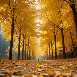autumn yellow and red leaves and a man walking in the middle