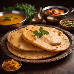 a plate of flatbreads sitting next to bowls of other foods