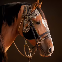 a brown horse with bridles and a black blazer