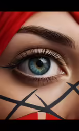 a girl with blue eyes has her face painted with red, black and white