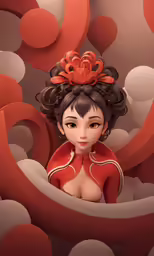 there is a painting with red and white shapes