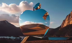 there is a apple sculpture sitting in the desert