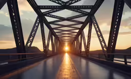 the sun setting on a bridge with the clouds