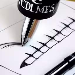 a fountain of black ink with white writing that says, ndulines,a pen writing the word noodleliners on paper