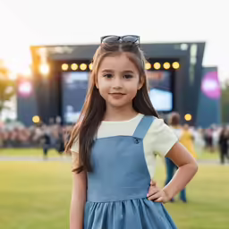 a girl standing in front of a large stage and wearing sun glasses