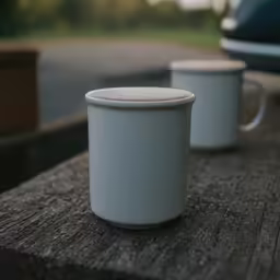two coffee mugs sit on a wooden surface