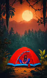 a girl sits inside a tent in the woods,a young lady sitting in a tent beneath the sun