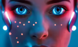 blue - eyed girl with glowing face paint and pink nose lines