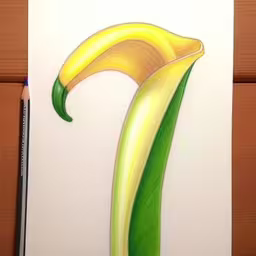 a drawing of a yellow flower on top of a white piece of paper,a drawing of a flower with green stem,a drawing of a flower on paper next to a marker,a drawing of a flower on paper with a pencil,a drawing of a yellow and green flower on paper