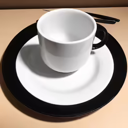 an empty white coffee cup on a plate next to black chopsticks