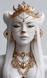 a woman with white hair and makeup with jewels