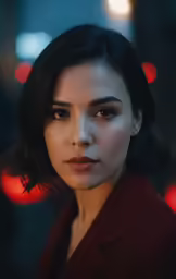 a woman wearing a red coat and lights behind her