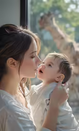a woman holding a baby in front of a window