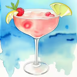 a watercolor painting of a cocktail with a garnish of garnish,a cartoon glass with a garnish, lemon wedge, and cherries