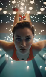 a woman is in a pool with her hands on her shoulders