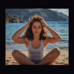 a woman sitting in the sand at the beach