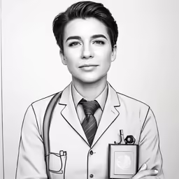 a person in a white coat and tie holding a black and white picture