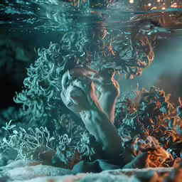 the underwater view shows the body of a woman surrounded by plants