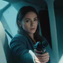 a woman in a blue jacket holding a gun