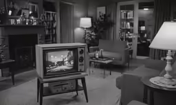 this black and white photo shows an old television set sitting on the table