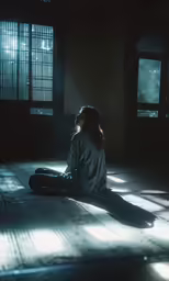 a girl sits on the floor in an empty room