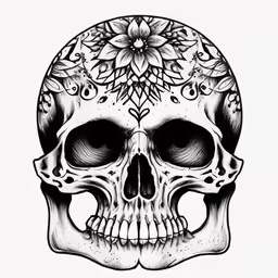 a drawing of a skull in black and white