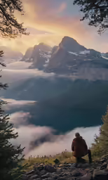 a person is sitting on top of the mountain