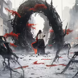 a digital artwork depicting a person walking with a gun towards a monster - like structure