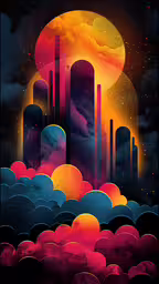 a colorful poster with a building on it and clouds in the foreground,an abstract painting of a city with a bright sun and clouds