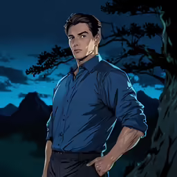 a man is standing in front of some trees