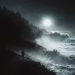 a couple of people walking along a rocky beach
