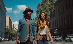 a man and woman walking in the middle of a street