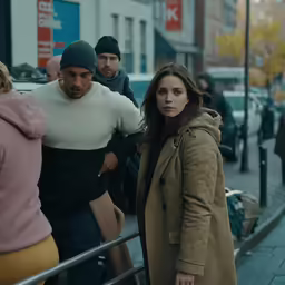 three people walking down the street near some cars