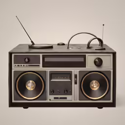 an old radio that is holding an antenna and two speakers