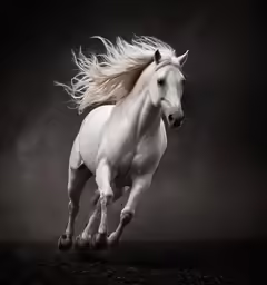 a white horse with blonde hair runs galloping in the field