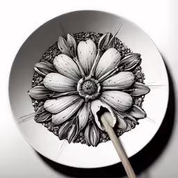 an artistic illustration of a flower being held up in a plate
