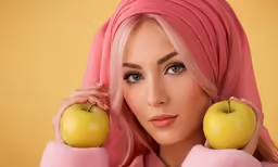 a pretty lady with pink hair wearing a towel holding an apple