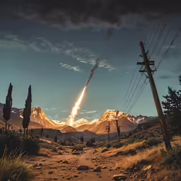 a rocket launching into the sky above mountains