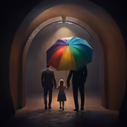 the father and daughter hold an umbrella as their father stands in front of them
