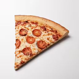 a slice of pizza on a white surface