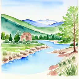 a watercolor painting of a house on a mountain with stream,a painting of a home and the river,a painting of a river with watercolors and mountains,a watercolor painting of a house in the middle of a river,this is a picture of a house by the water