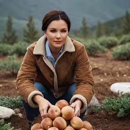 the woman is picking apples on the ground