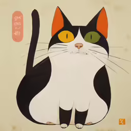 a picture of a black and white cat with yellow eyes
