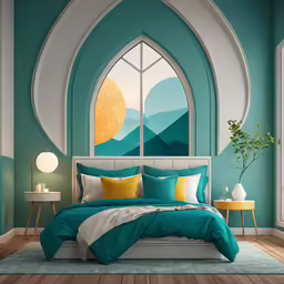 modern bedroom with teal walls and arched window