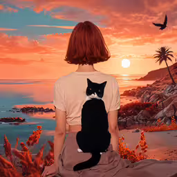 a woman sitting down holding her black cat with the sun setting,a picture of a cat sitting on a woman