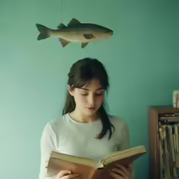 a girl reading a book with a fish hanging from it