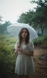 a woman stands with an umbrella outdoors on a cloudy day