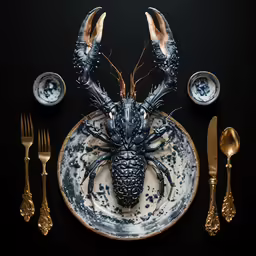 a lobster on a plate and other items on a table