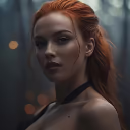 a woman with red hair and an intense look on her face