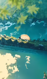 the view of water and green hills is reflected in a pool of water